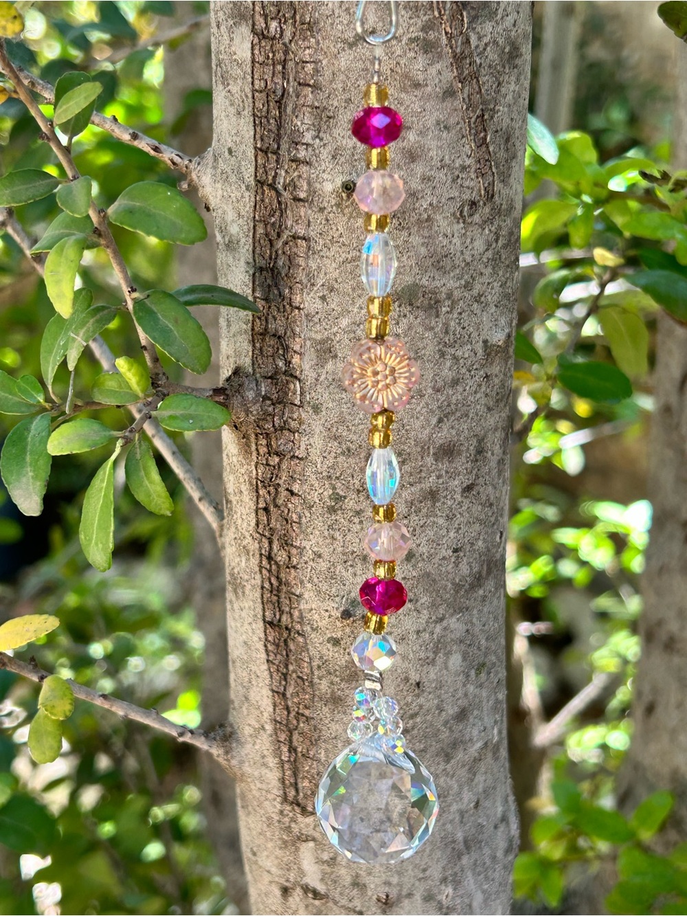 9” hot pink/pink + flower crystal beaded mini suncatcher sun charm decor